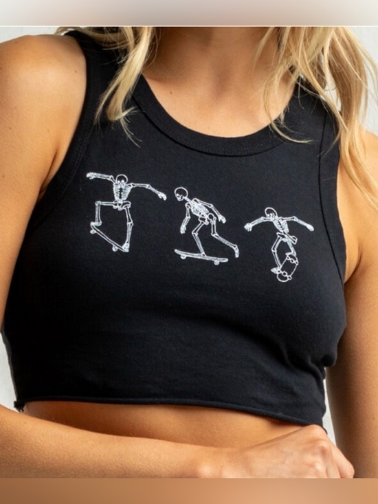Full Tilt Tops - Full Tilt Black Crop Tank with White Skate Skeleton Graphic Size XL